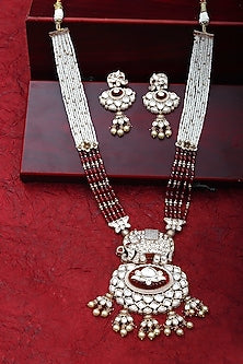 Gold Finish Pearl Beaded & Kundan Polki Mala Set