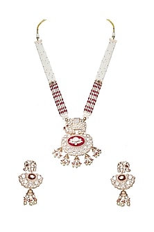 Gold Finish Pearl Beaded & Kundan Polki Mala Set