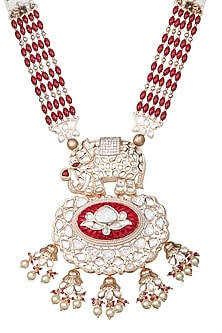 Gold Finish Pearl Beaded & Kundan Polki Mala Set