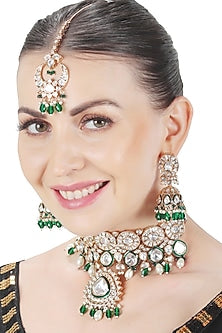 Gold Finish Green Stone & Kundan Polki Choker Necklace Set