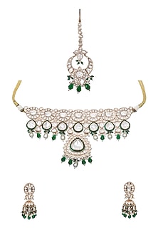 Gold Finish Green Stone & Kundan Polki Choker Necklace Set