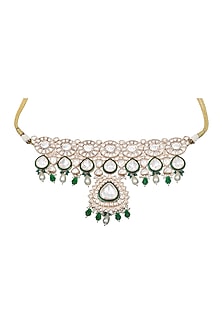 Gold Finish Green Stone & Kundan Polki Choker Necklace Set