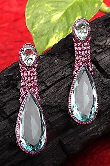 White Finish Aquamarine Doublet Stone & Pink Cubic Zirconia Dangler Earrings