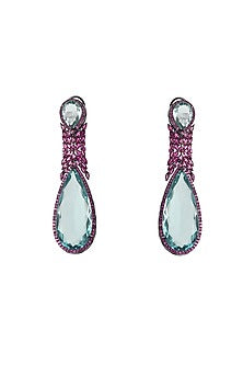White Finish Aquamarine Doublet Stone & Pink Cubic Zirconia Dangler Earrings