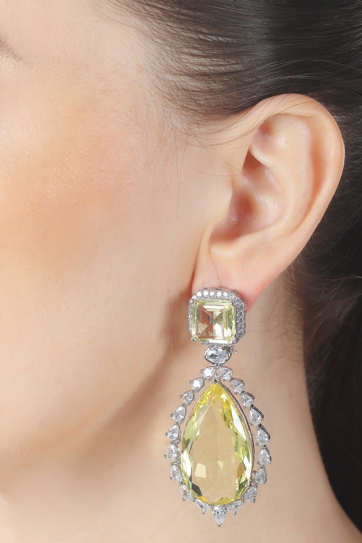 White Finish Yellow Doublet Stone & Cubic Zirconia Dangler Earrings