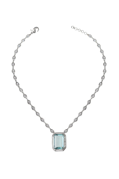 White Finish Aquamarine Doublet Stone & Cubic Zirconia Pendant Necklace