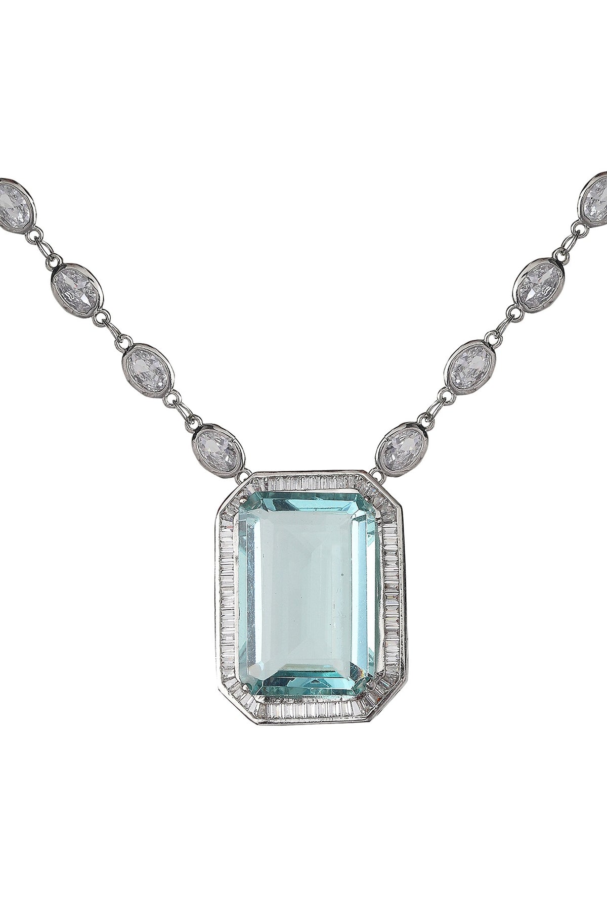 White Finish Aquamarine Doublet Stone & Cubic Zirconia Pendant Necklace
