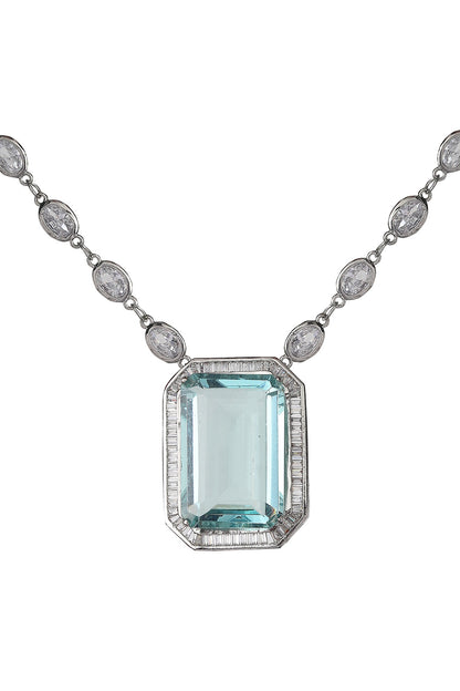 White Finish Aquamarine Doublet Stone & Cubic Zirconia Pendant Necklace