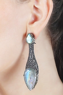 White Finish Mother Of Pearl & Black Cubic Zirconia Dangler Earrings