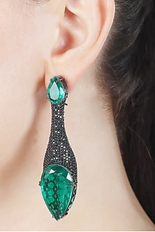 White Finish Green Doublet Stone & Black Cubic Zirconia Dangler Earrings