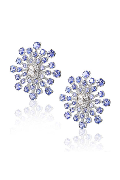 14kt White Gold Finish Diamond & Tanzanite Stud Earrings