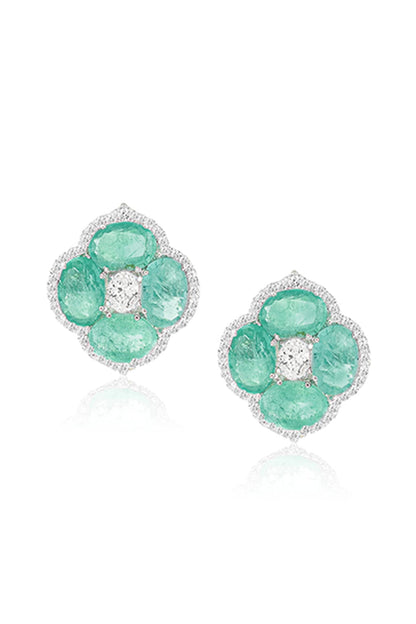 14kt White Gold Finish Diamond & Emerald Stud Earrings