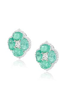 14kt White Gold Finish Diamond & Emerald Stud Earrings