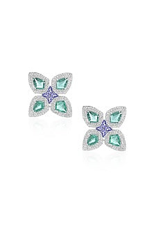 14kt White Gold Finish Diamond & Emerald Stud Earrings