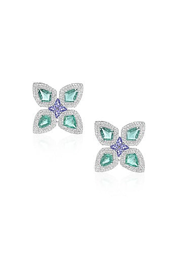 14kt White Gold Finish Diamond & Emerald Stud Earrings