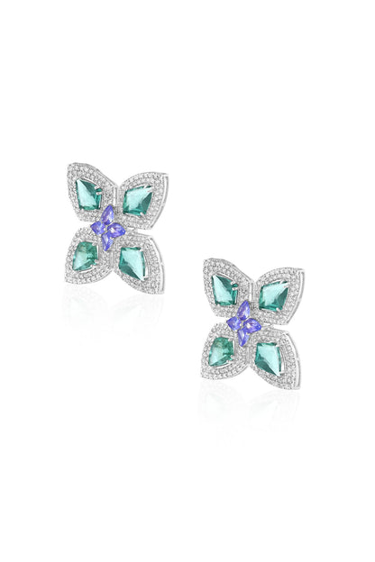 14kt White Gold Finish Diamond & Emerald Stud Earrings