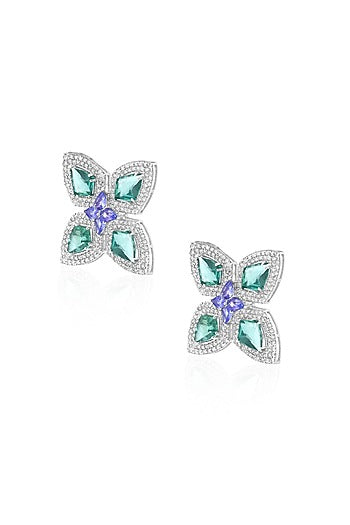 14kt White Gold Finish Diamond & Emerald Stud Earrings