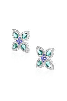 14kt White Gold Finish Diamond & Emerald Stud Earrings