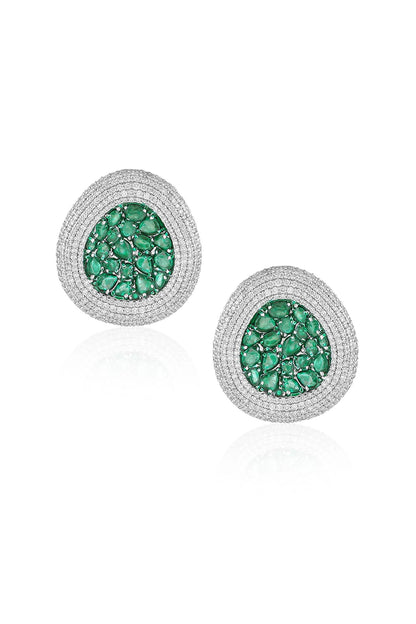 14kt White Gold Finish Diamond & Emerald Stud Earrings