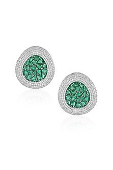 14kt White Gold Finish Diamond & Emerald Stud Earrings