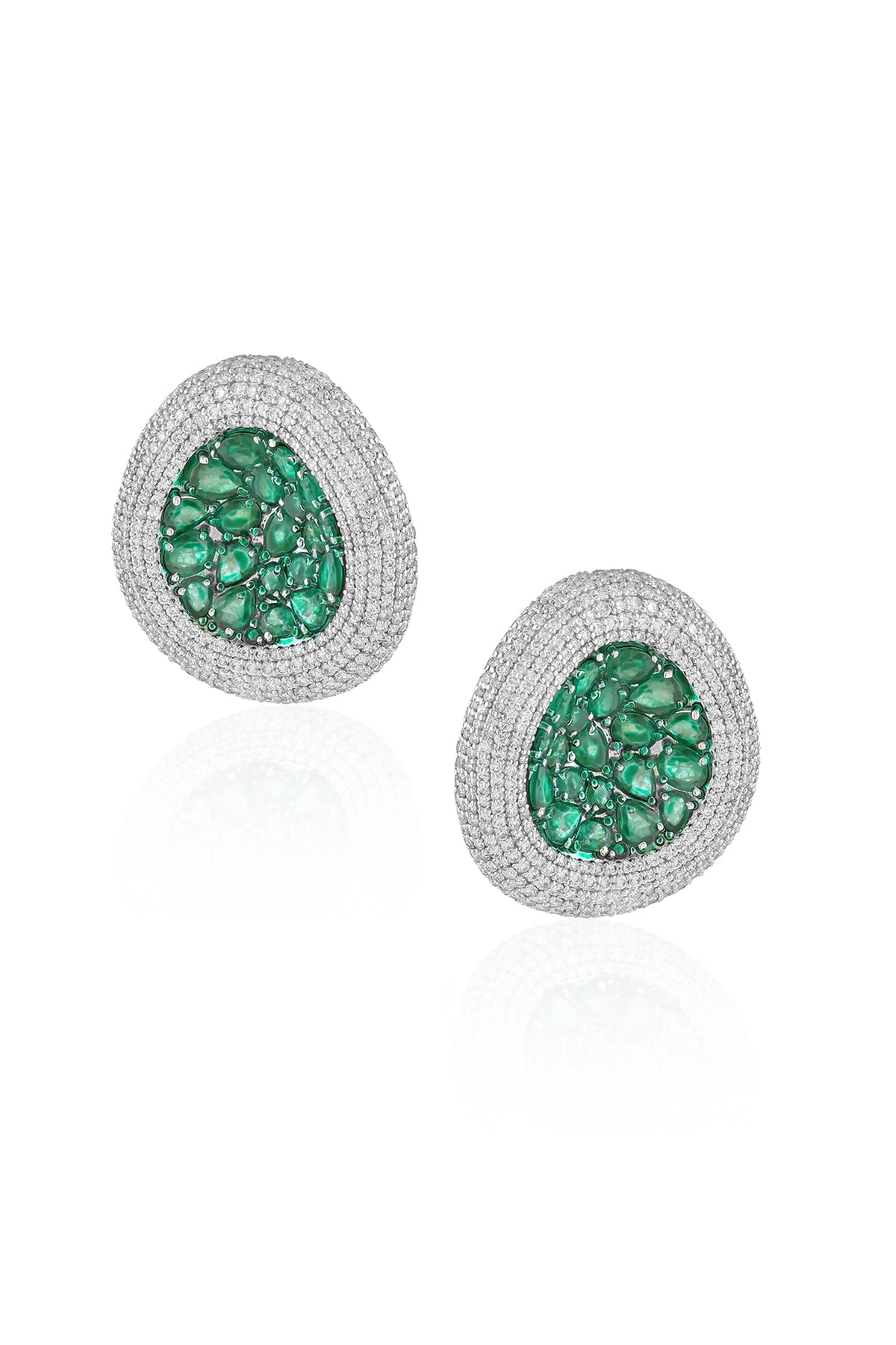 14kt White Gold Finish Diamond & Emerald Stud Earrings