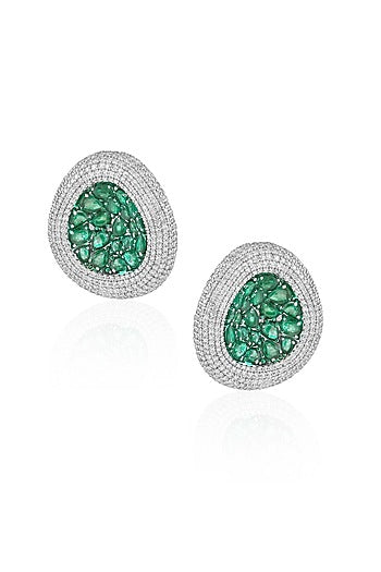 14kt White Gold Finish Diamond & Emerald Stud Earrings