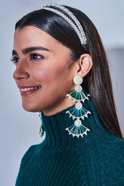 Green Crystal Flared Earrings
