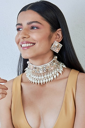 White Hand Embroidered Choker Necklace Set