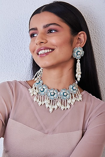 Blue Pearl Hand Embroidered Earrings