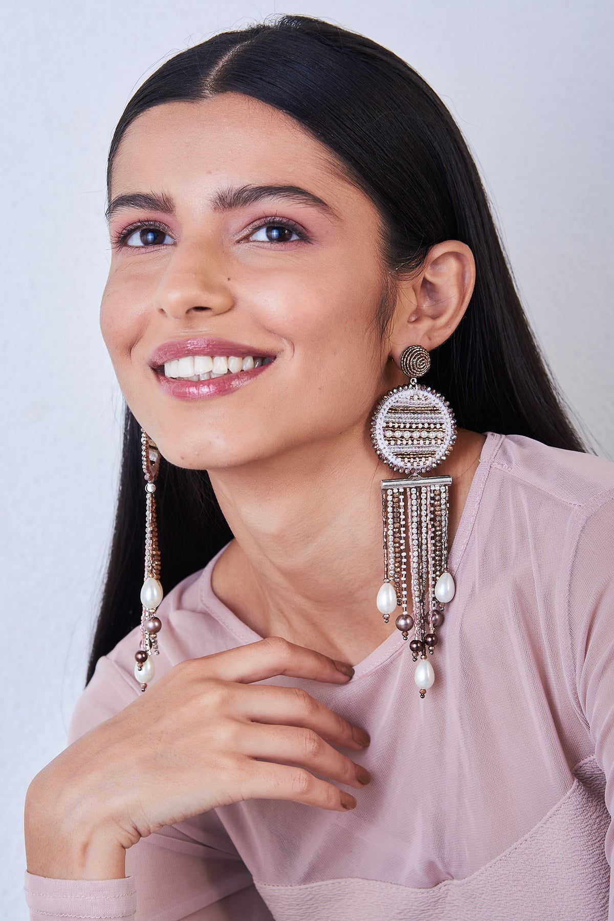Brown Pearl Hand Embroidered Earrings