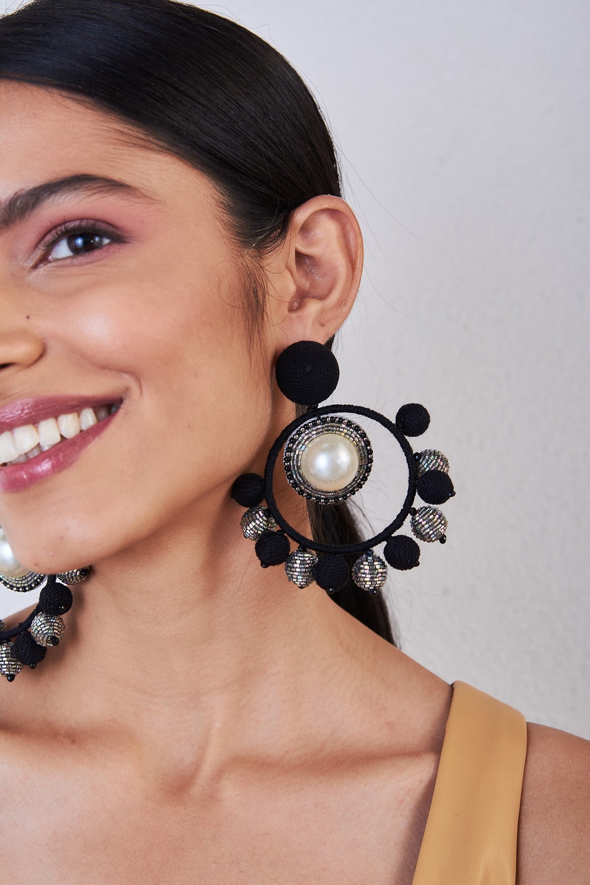 Black Hand Embroidered Ring Earrings