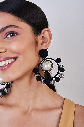 Black Hand Embroidered Ring Earrings