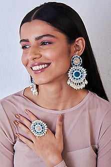 White & Blue Hand Embroidered Earrings