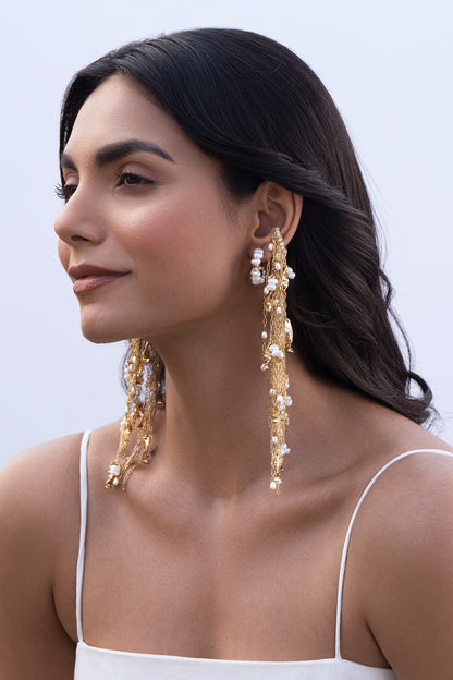 Gold Plated Faux Pearl Stack Dangler Earrings