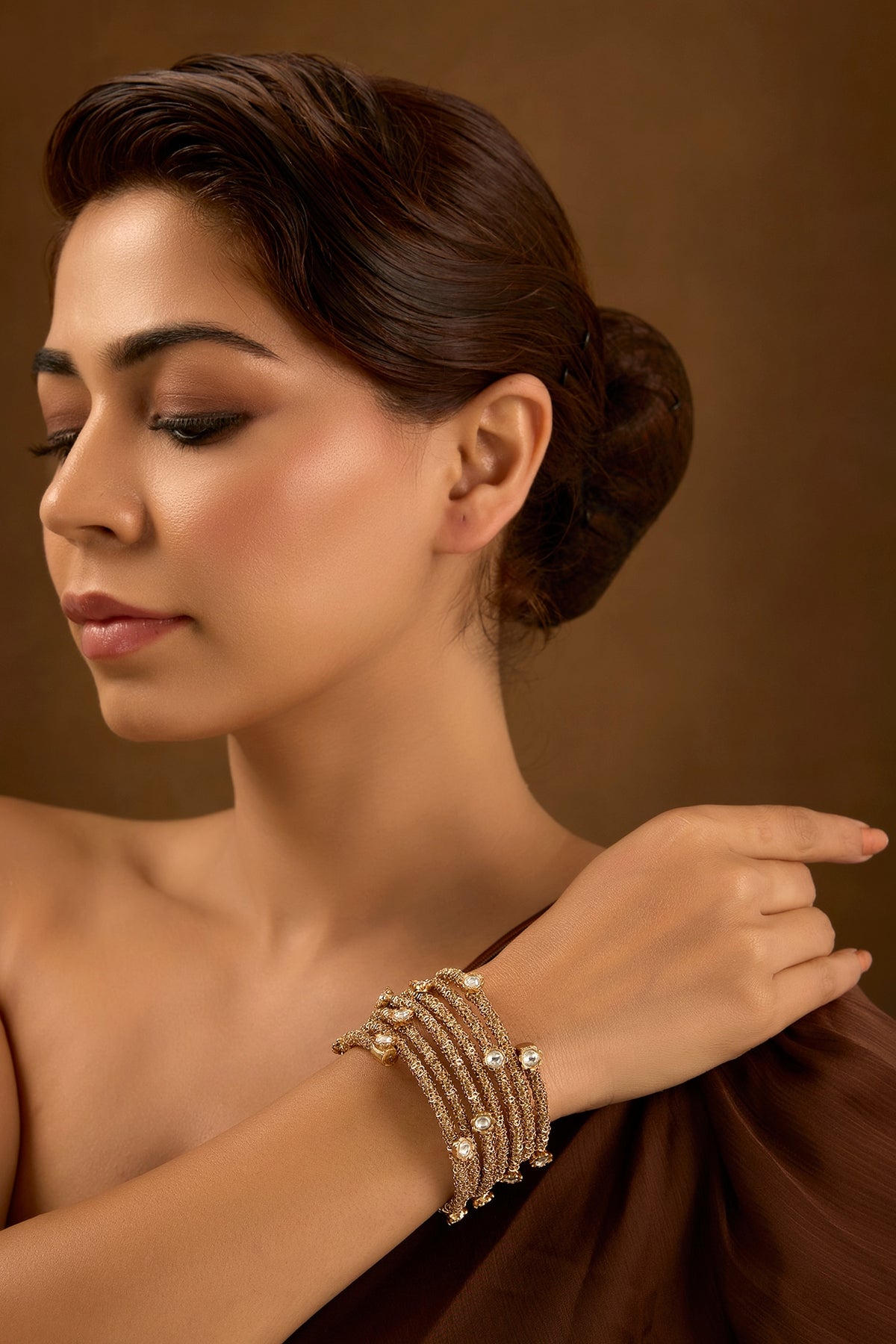 Gold Finish Kundan Polki & Gold Beaded Openable Bangle