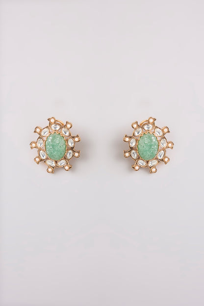 Gold Finish Mint Green Stone Stud Earrings
