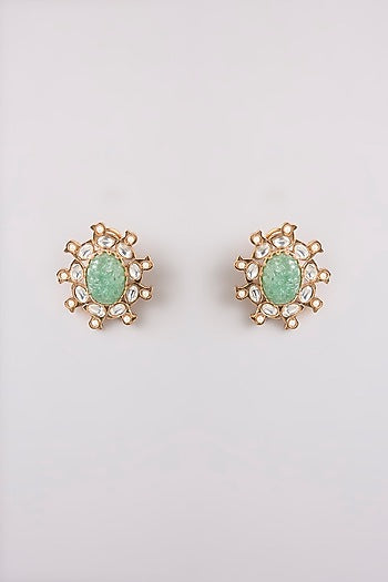 Gold Finish Mint Green Stone Stud Earrings