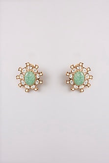 Gold Finish Mint Green Stone Stud Earrings