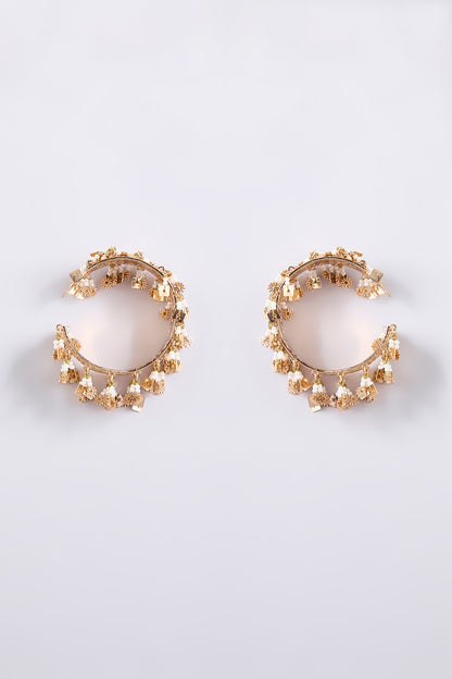 Gold Finish Seed Pearl & Champagne Crystal Hoop Earrings
