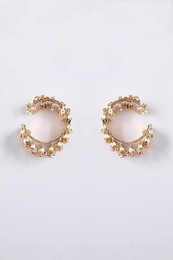 Gold Finish Seed Pearl & Champagne Crystal Hoop Earrings