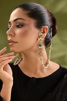 Gold Finish Kundan Polki & Seed Pearl Ear Chains