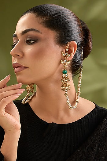 Gold Finish Kundan Polki & Seed Pearl Ear Chains