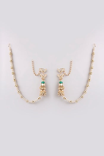 Gold Finish Kundan Polki & Seed Pearl Ear Chains