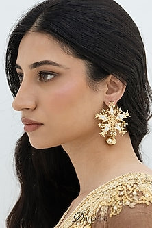Gold Plated Faux Pearl & Mirror Work Stud Earrings
