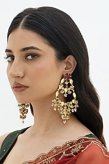 Gold Plated Faux Pearl & Mirror Work Dangler Earrings