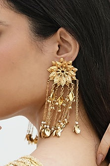 Gold Plated Faux Pearl & Mirror Work Chandbali Earrings