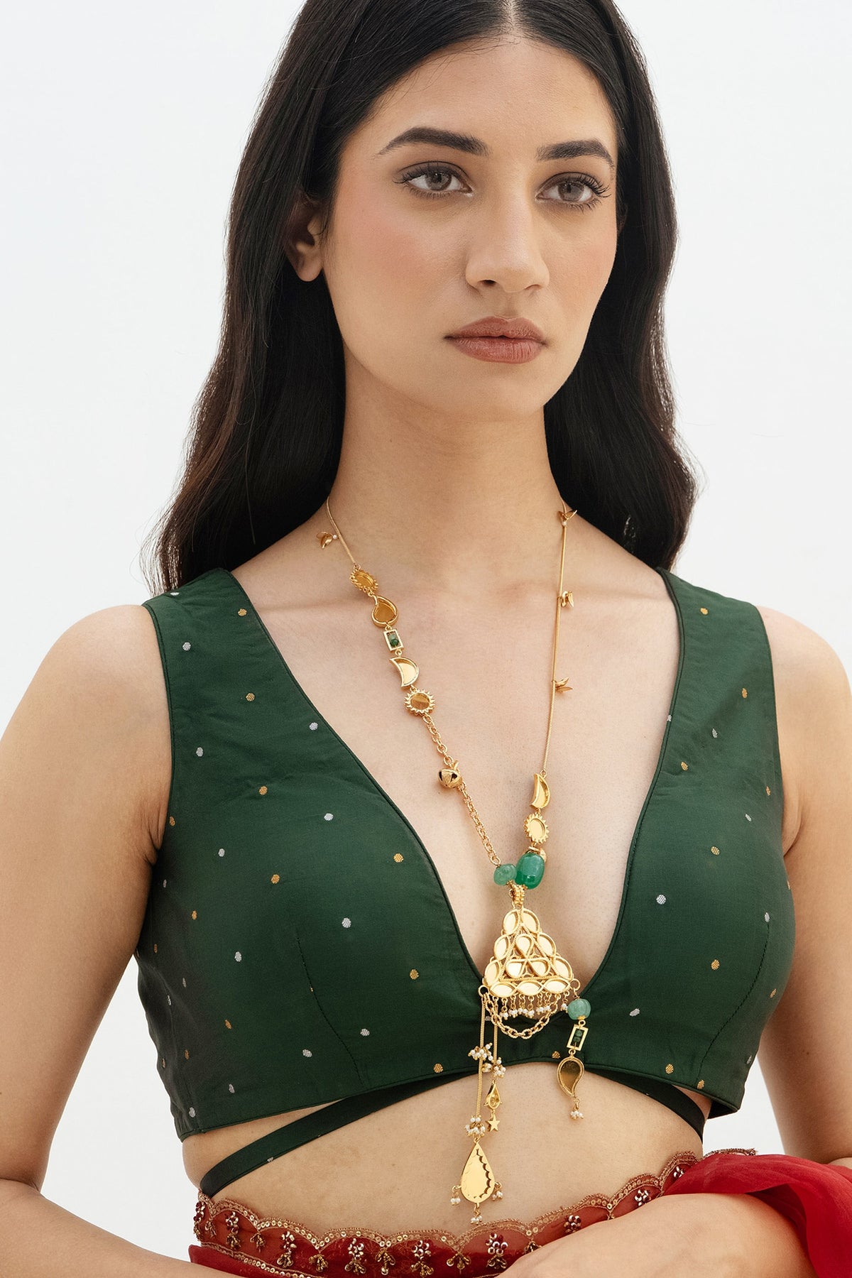 Gold Plated Faux Pearl & Mirror Work Layered Pendant Charm Necklace