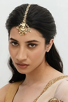 Gold Plated Faux Pearl & Mirror Work Maangtikka