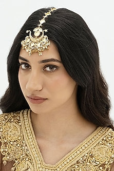 Gold Plated Faux Pearl & Mirror Work Maangtikka