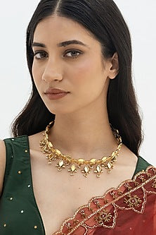 Gold Plated Faux Pearl & Mirror Work Hasli Necklace